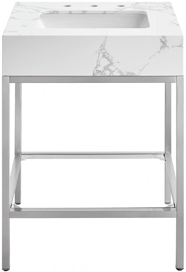 Marmo Engineered Stone Top and Brushed Chrome, Steel And Glass Base Vanity