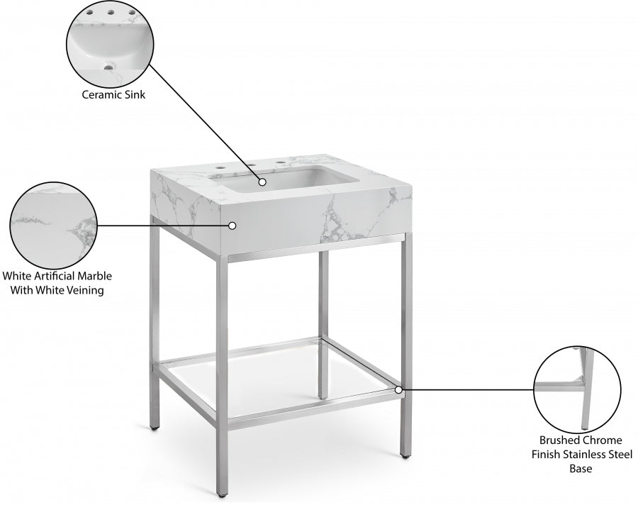 Marmo Engineered Stone Top and Brushed Chrome, Steel And Glass Base Vanity