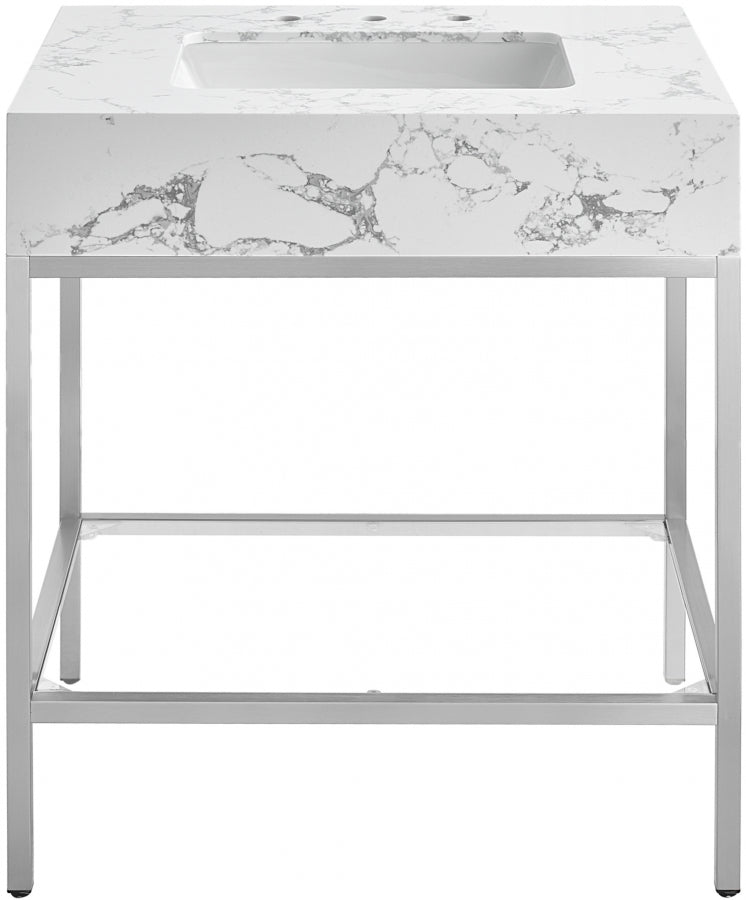 Marmo Engineered Stone Top and Brushed Chrome, Steel And Glass Base Vanity