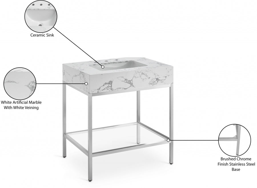 Marmo Engineered Stone Top and Brushed Chrome, Steel And Glass Base Vanity