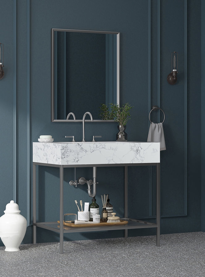 Marmo Engineered Stone Top and Brushed Chrome, Steel And Glass Base Vanity