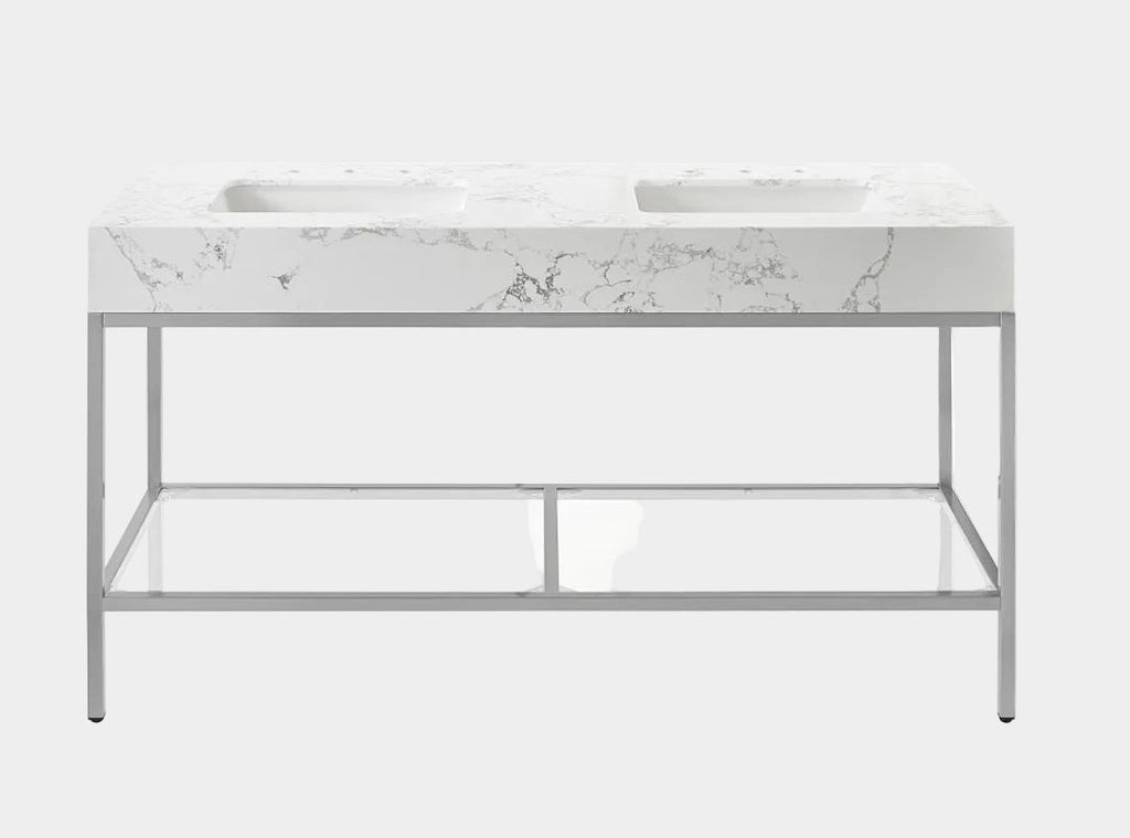 Marmo Engineered Stone Top and Brushed Chrome, Steel And Glass Base Vanity