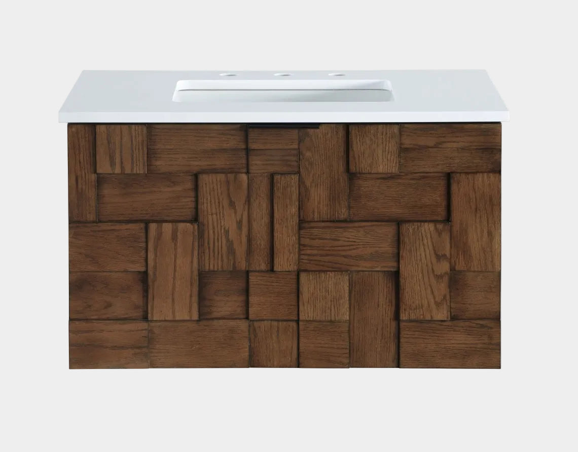 Leonardo White Engineered Stone And Solid Wood Wall Mounted Bathroom Vanity