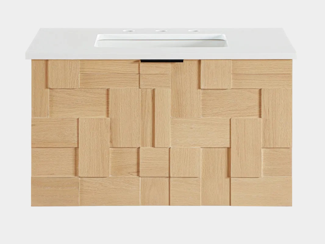 Leonardo White Engineered Stone And Solid Wood Wall Mounted Bathroom Vanity