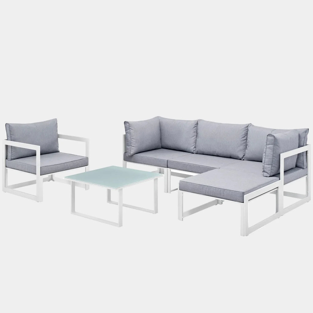 Fortuna 6 Piece Outdoor Patio Sectional Sofa Set in White Gray