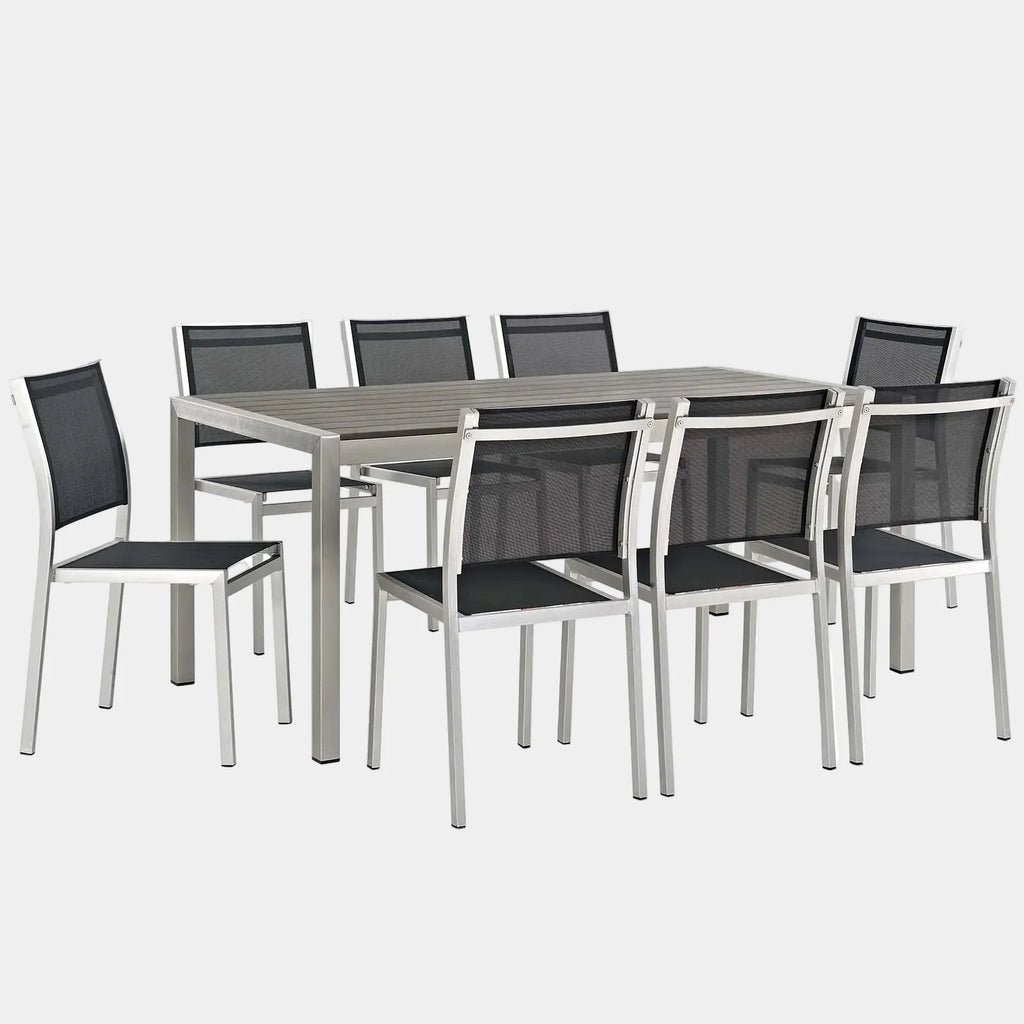 Shore 9 Piece Outdoor Patio Aluminum Dining Set in Silver Black