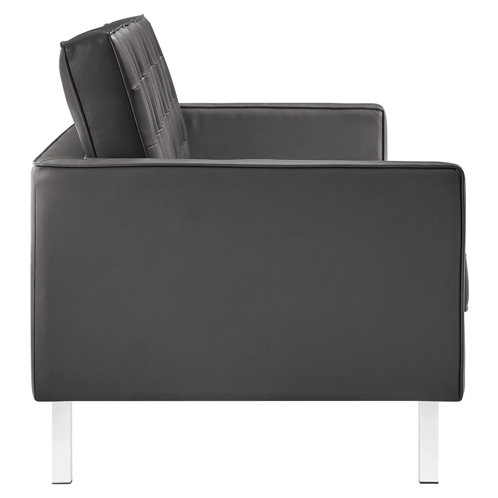 Loft Tufted Vegan Leather Sofa and Ottoman Set in Silver Gray