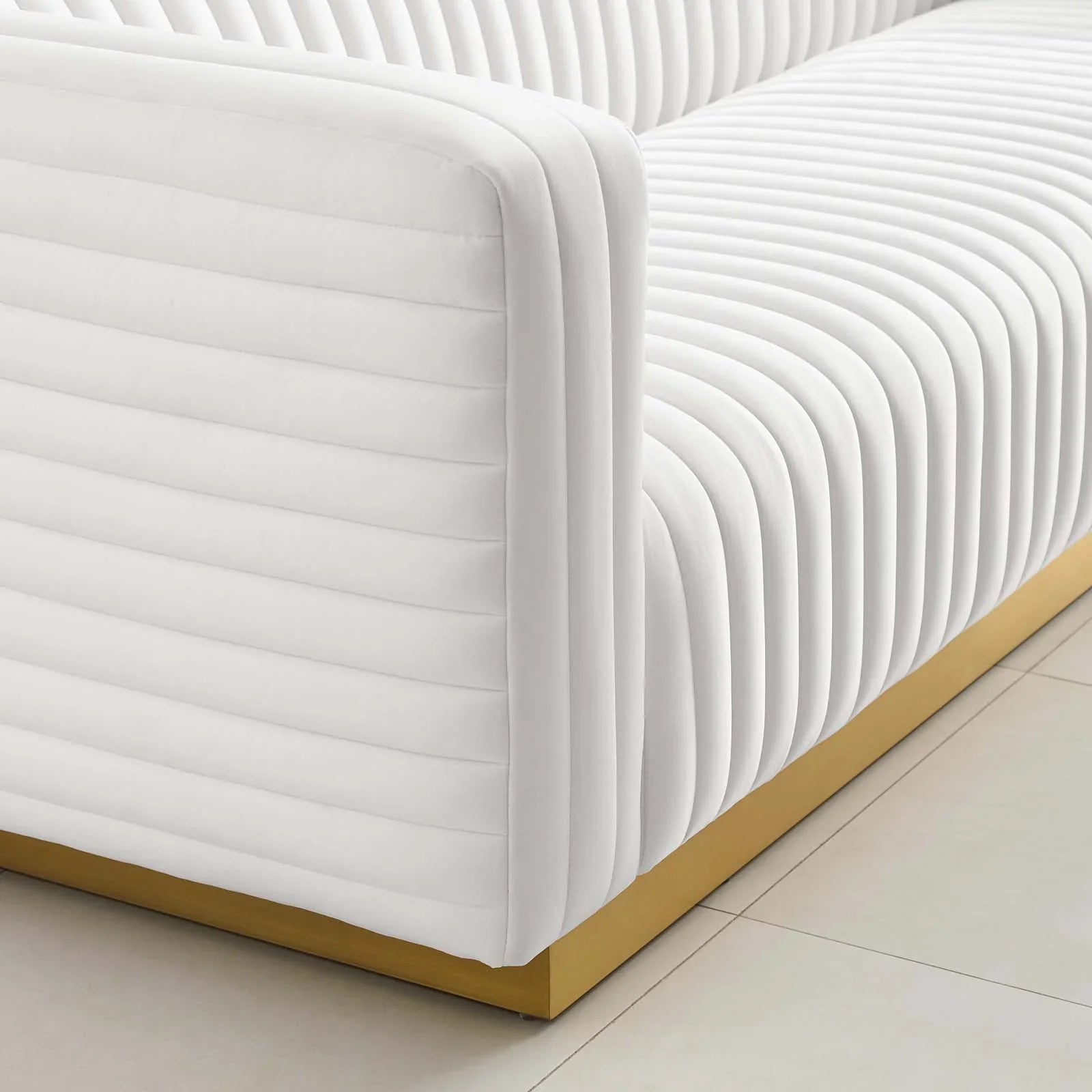 Charisma Channel Tufted Performance Velvet Living Room Sofa in White
