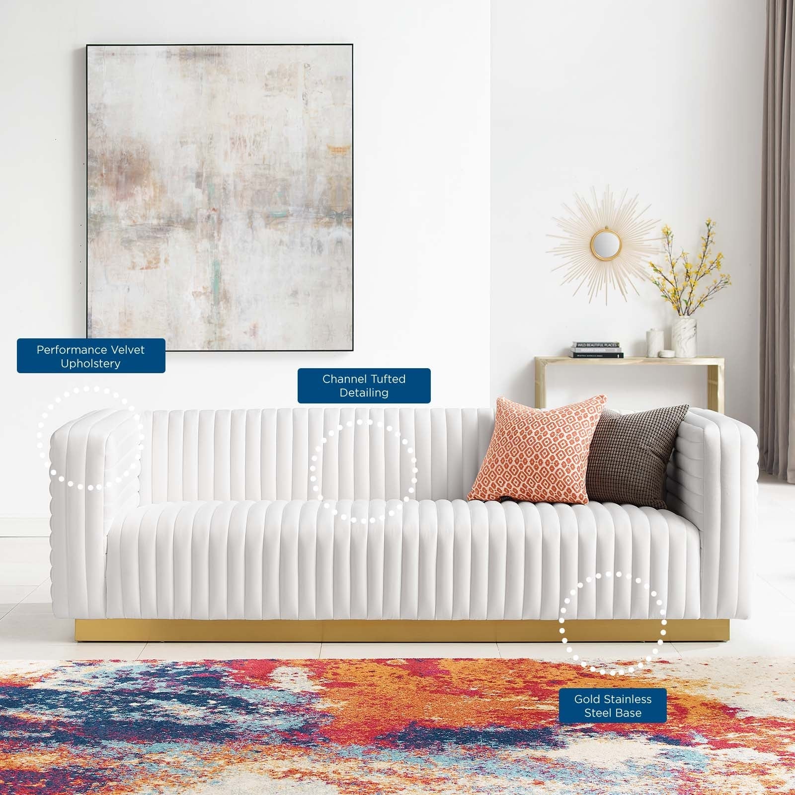 Charisma Channel Tufted Performance Velvet Living Room Sofa in White