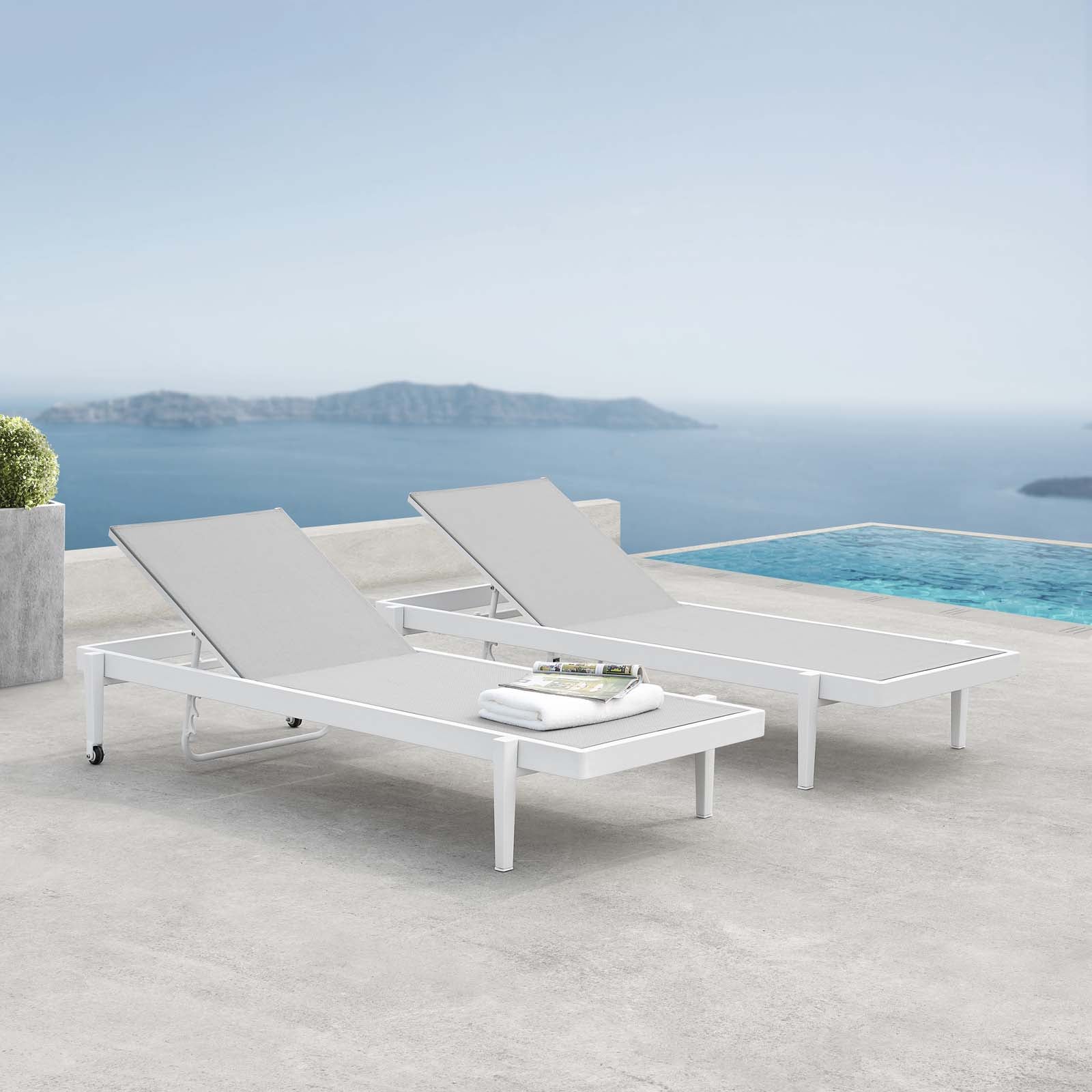 Charleston Outdoor Patio Aluminum Chaise Lounge Chair Set of 2 in White Gray
