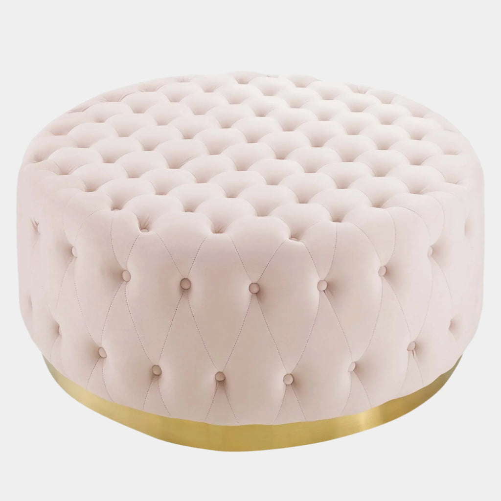 Ensconce Tufted Performance Velvet Round Ottoman in Pink