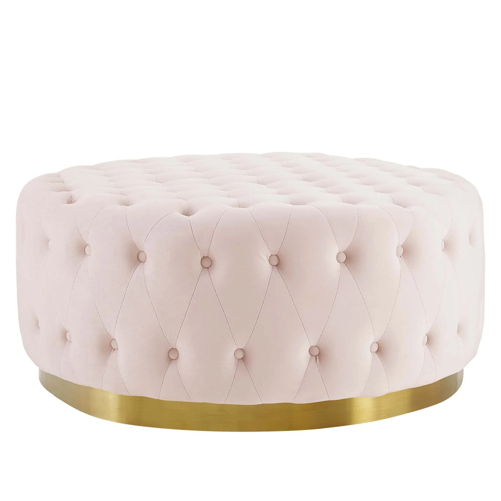 Ensconce Tufted Performance Velvet Round Ottoman in Pink
