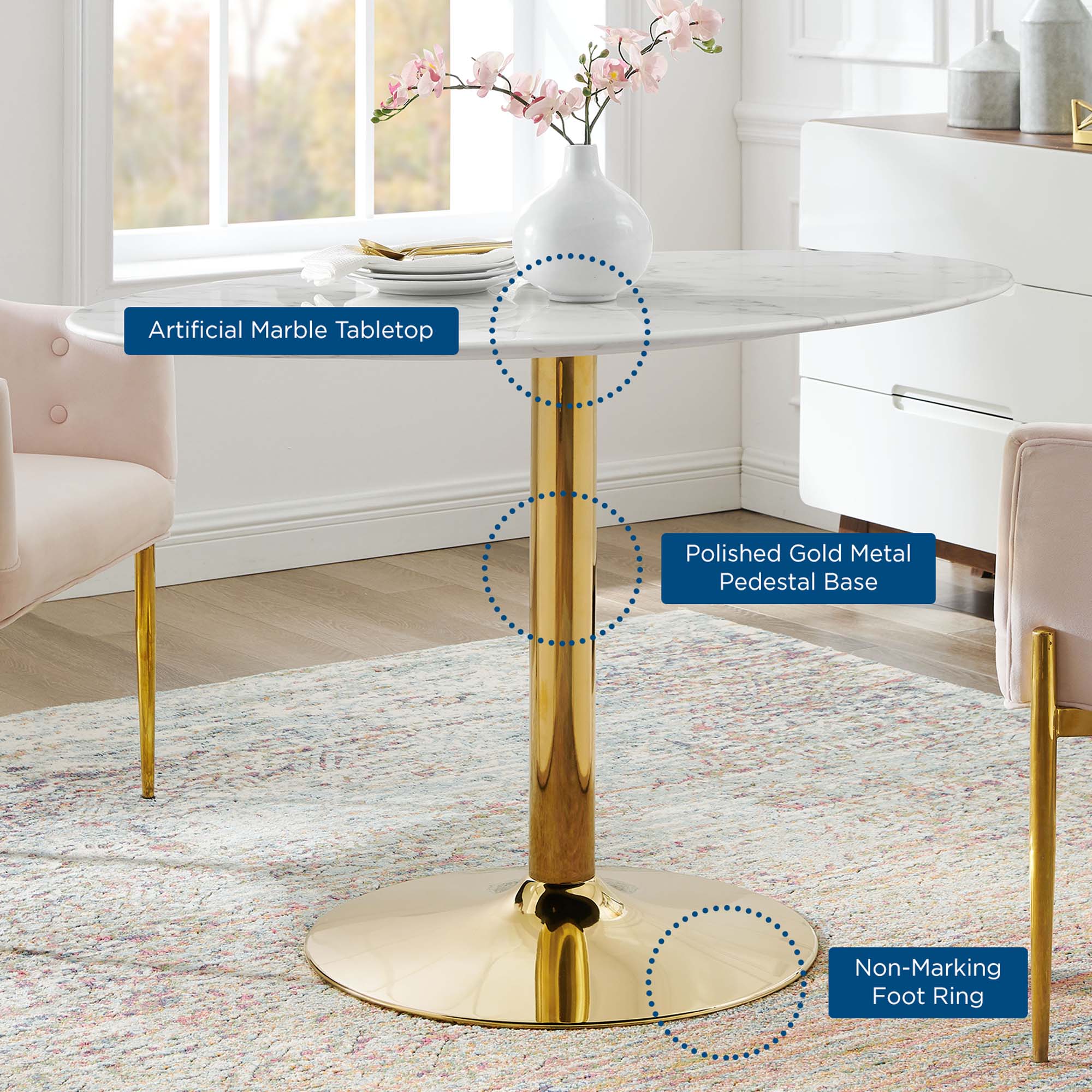 Verne 48" Oval Artificial Marble Dining Table in Gold White