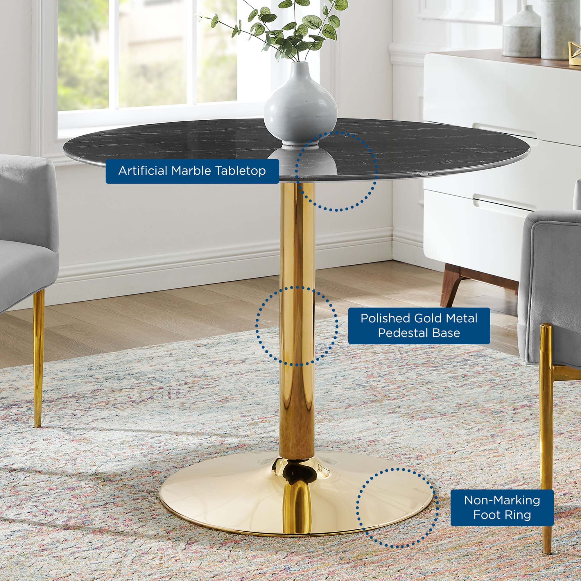 Verne 40" Artificial Marble Dining Table in Gold Black