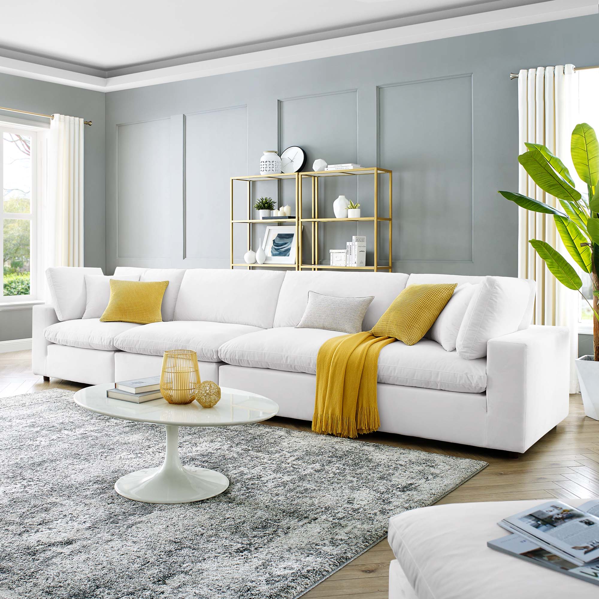 Commix Down Filled Overstuffed Performance Velvet 4-Seater Sofa in White