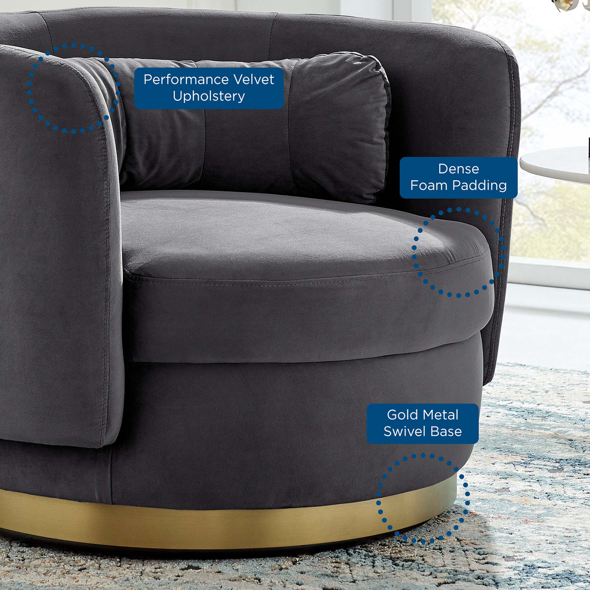 Relish Performance Velvet Swivel Chair in Gold Gray