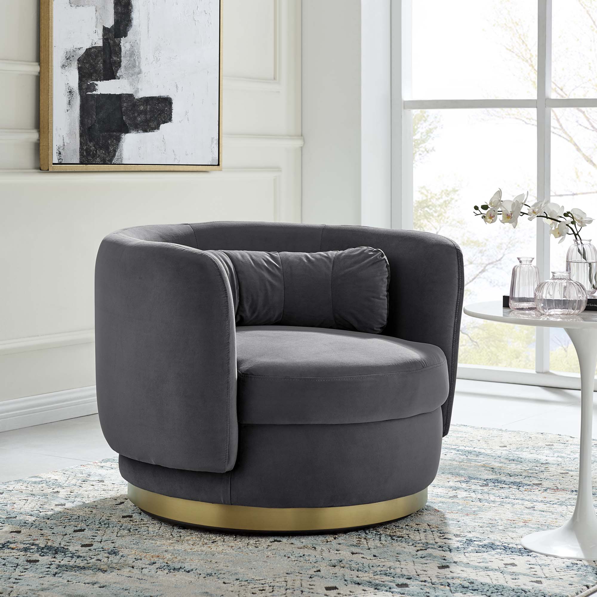 Relish Performance Velvet Swivel Chair in Gold Gray