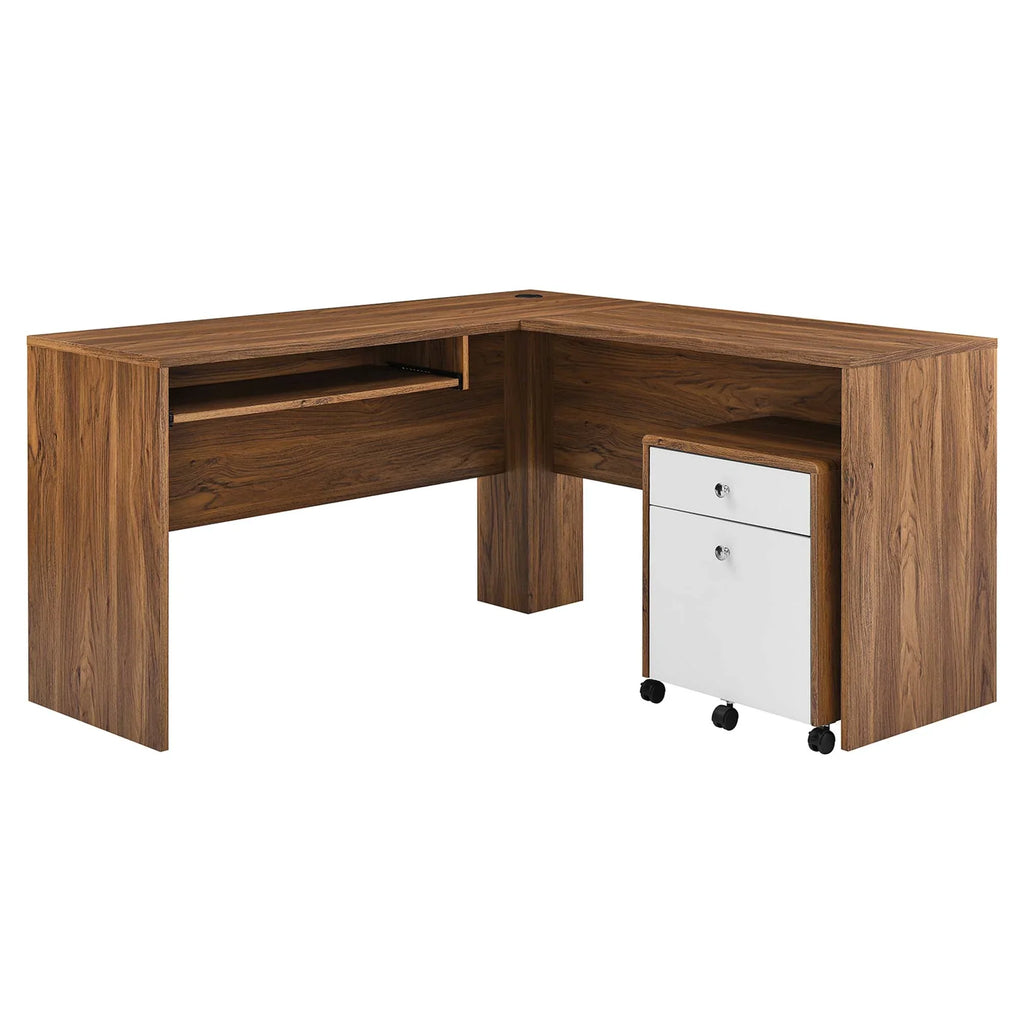 Transmit Wood Desk and File Cabinet Set in Walnut White