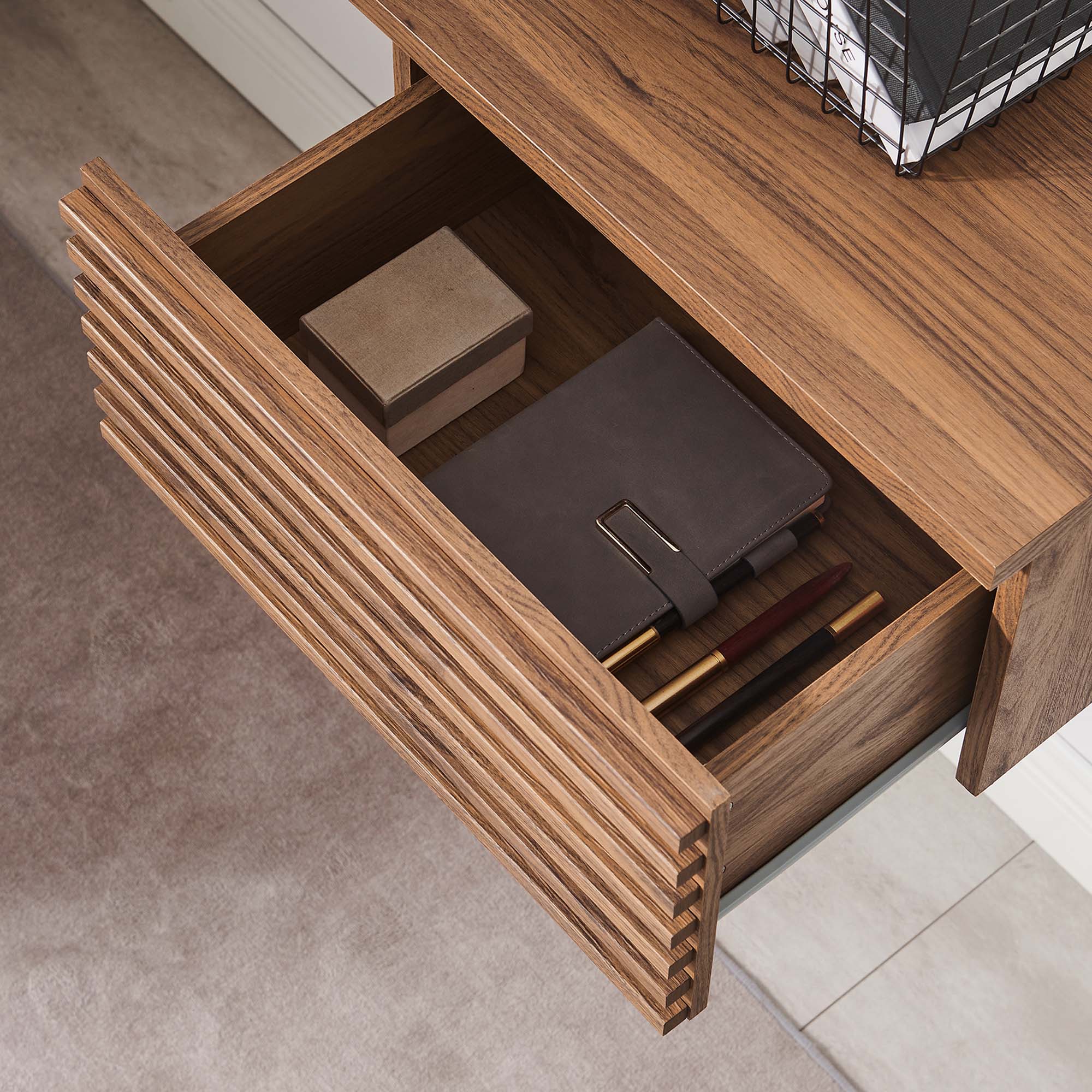 Render Wall Mount Corner Office Desk in Walnut