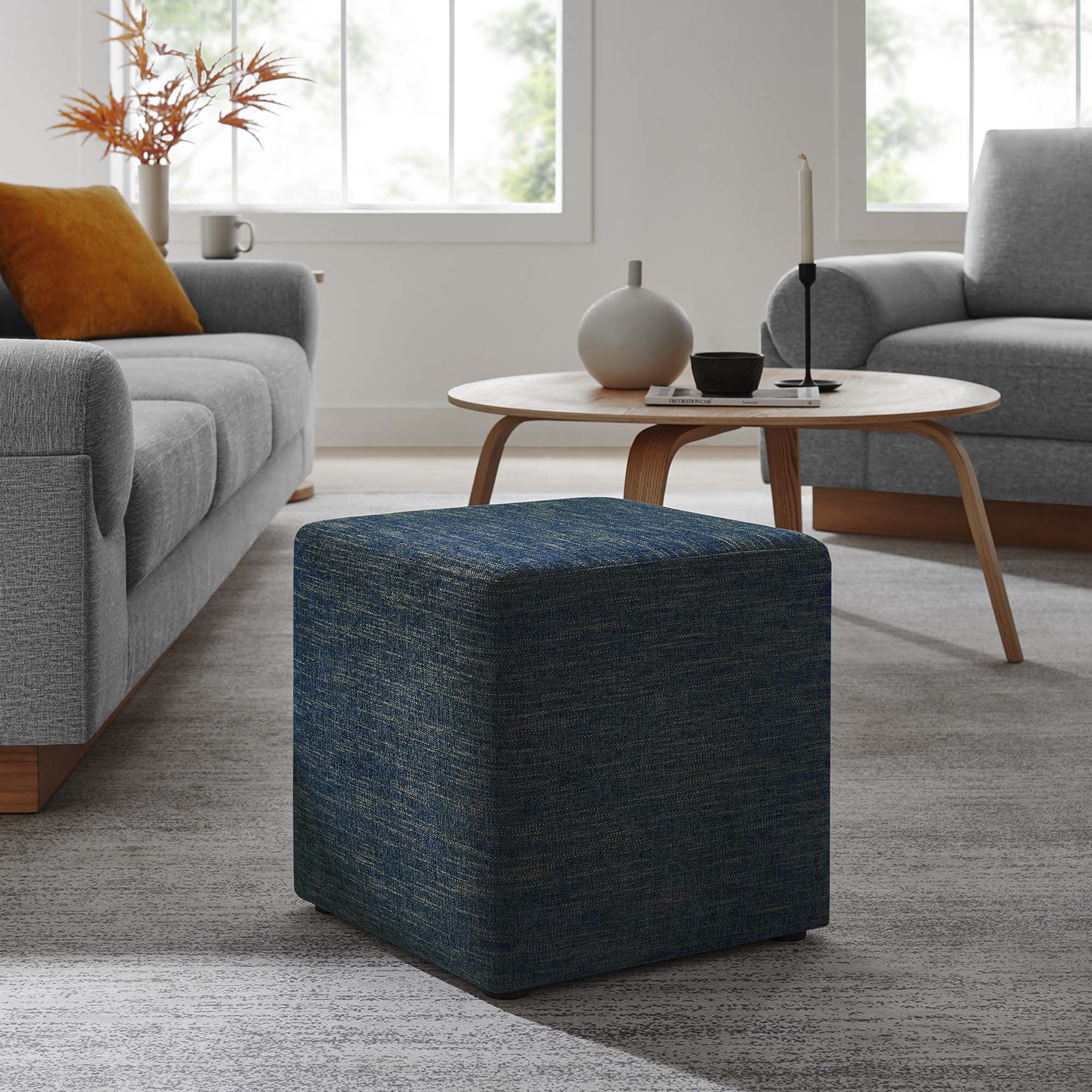 Callum 17" Square Woven Heathered Fabric Upholstered Ottoman