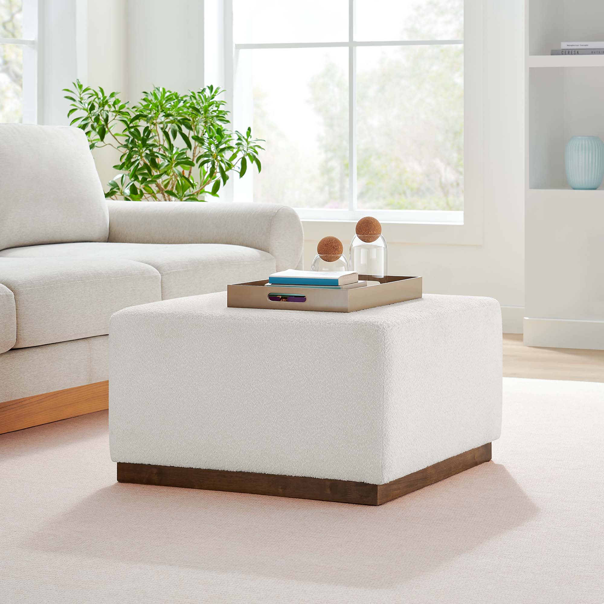 Tilden Large 28" Square Boucle Upholstered Ottoman in Cloud Walnut