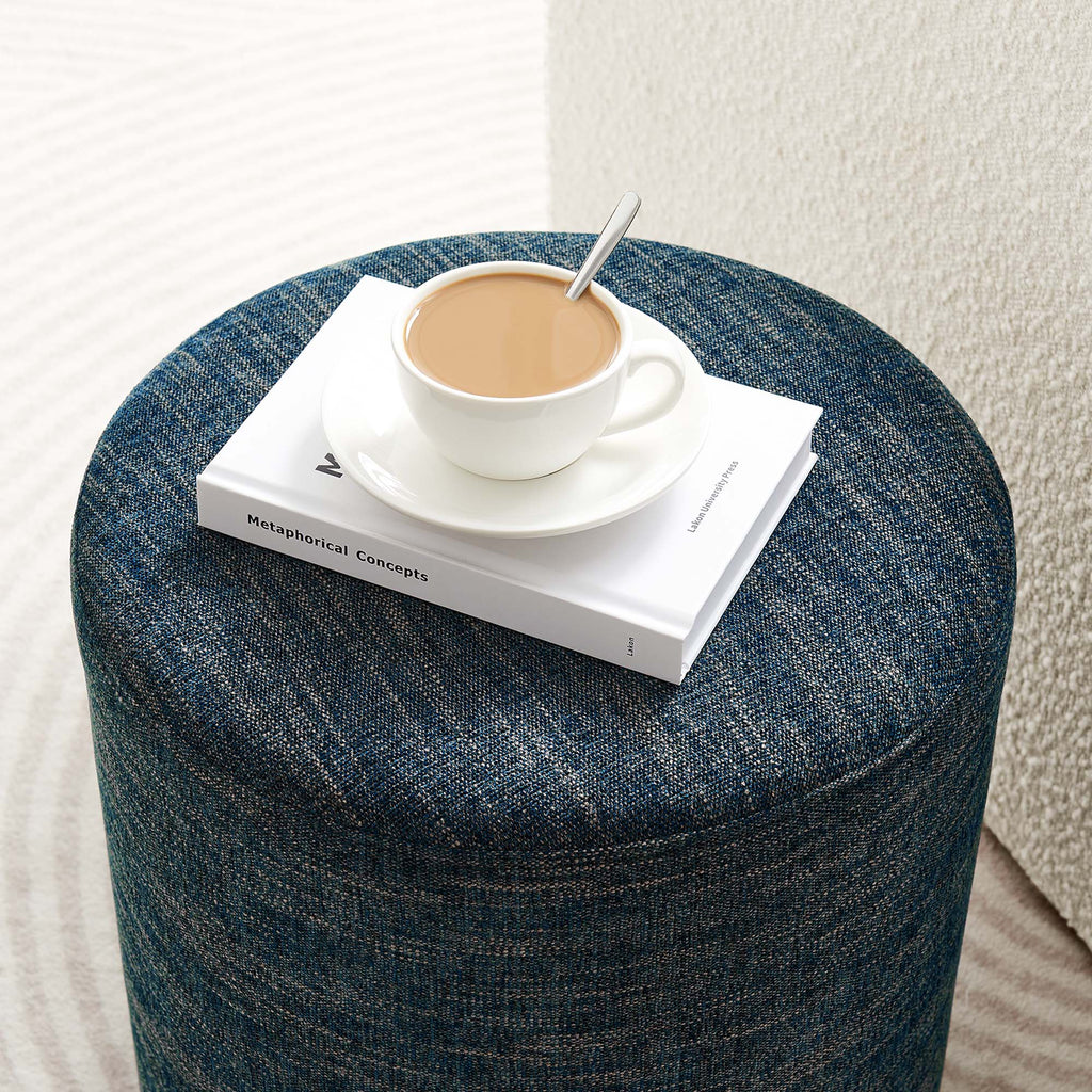 Callum 16" Round Woven Heathered Fabric Upholstered Ottoman in Heathered Weave