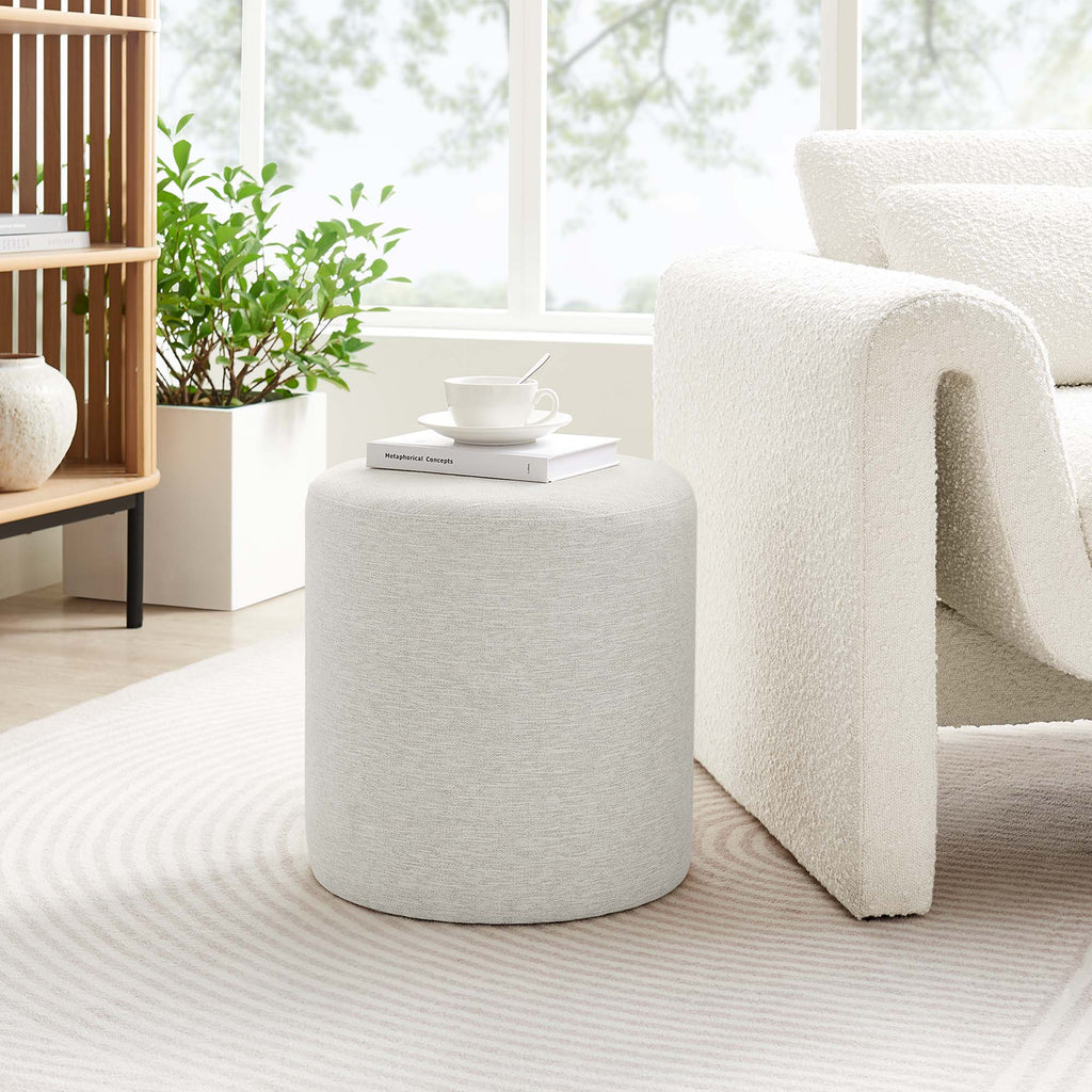 Callum 16" Round Woven Heathered Fabric Upholstered Ottoman in Heathered Weave