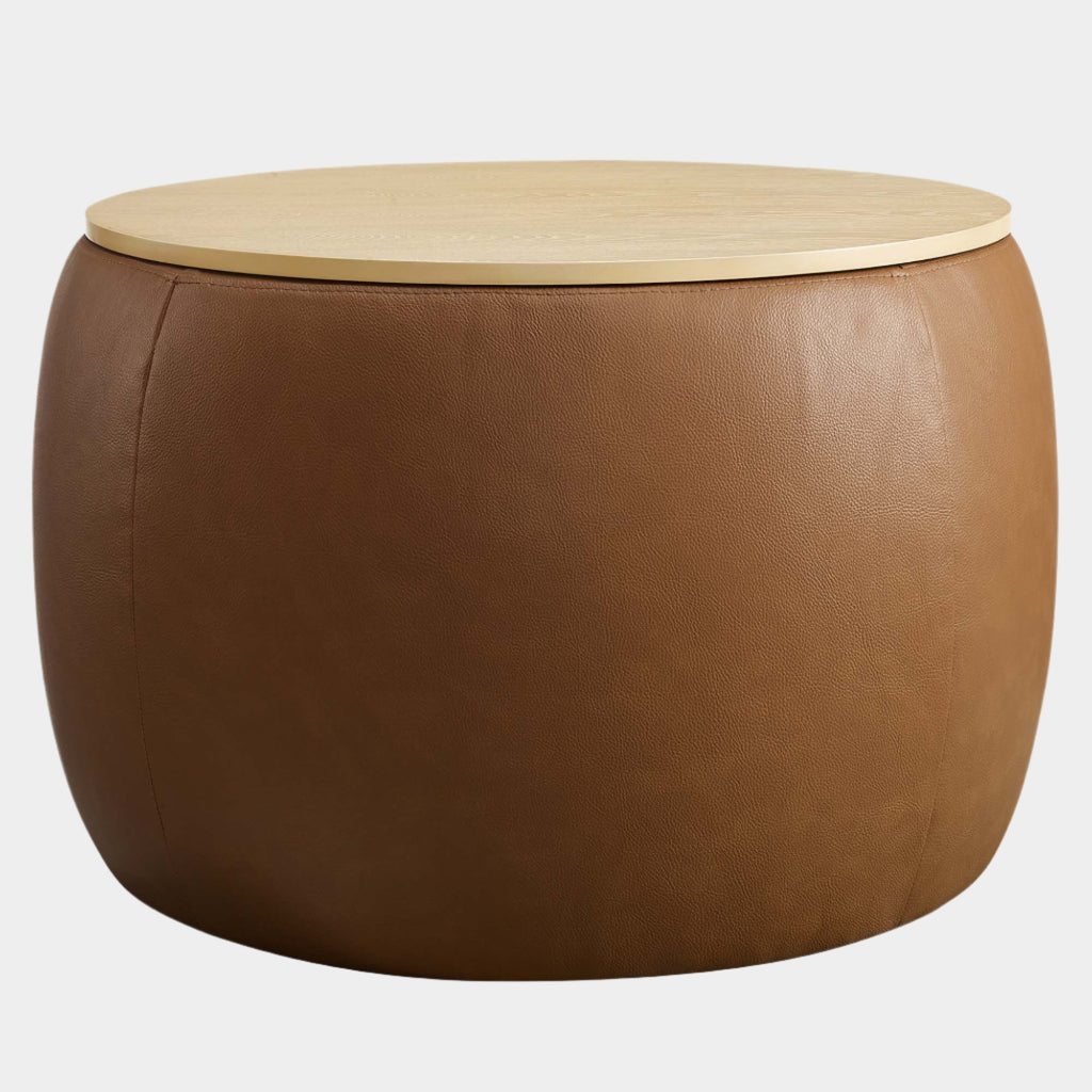 Perla Round Vegan Leather Storage Ottoman in Tan