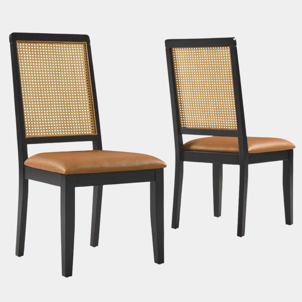 Arlo Vegan Leather Upholstered Faux Rattan and Wood Dining Side Chairs Set of 2