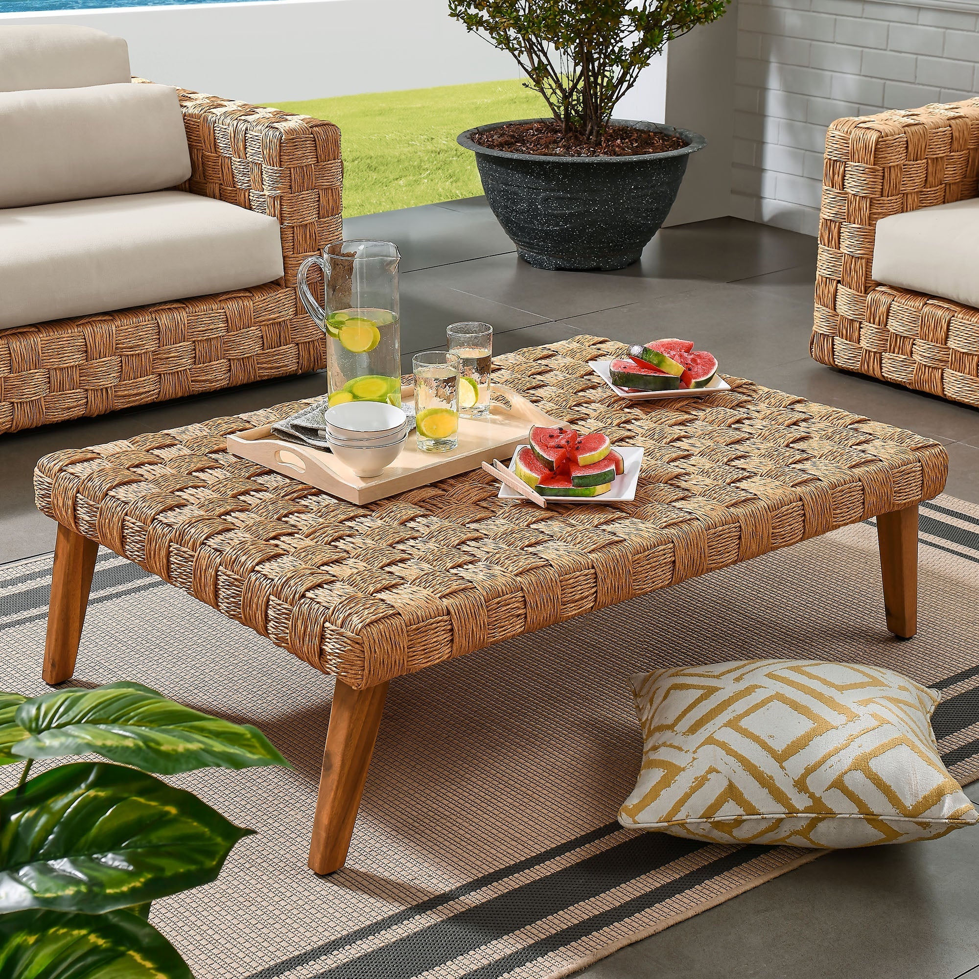 Thames Outdoor Patio Wicker Outdoor Patio Rattan Coffee Table in Natural