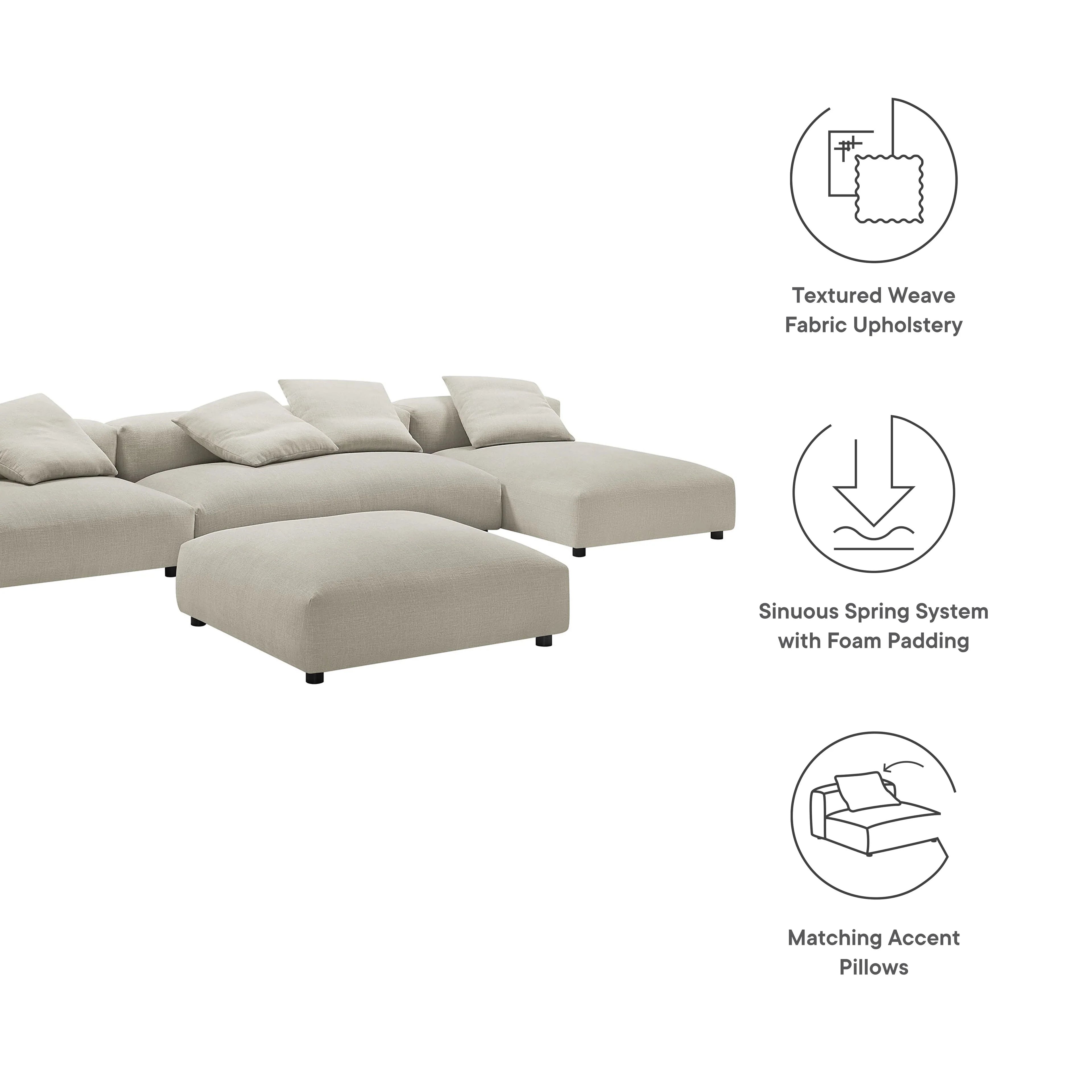 Solace 4-Piece Modular Upholstered Fabric Sectional Sofa With Ottoman