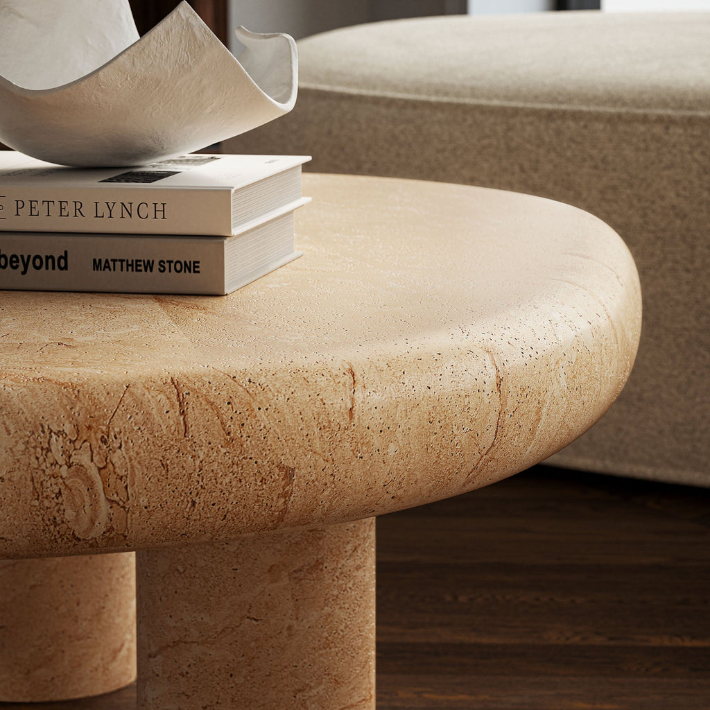 Elowen Indoor - Outdoor Textured Faux Travertine Coffee Table