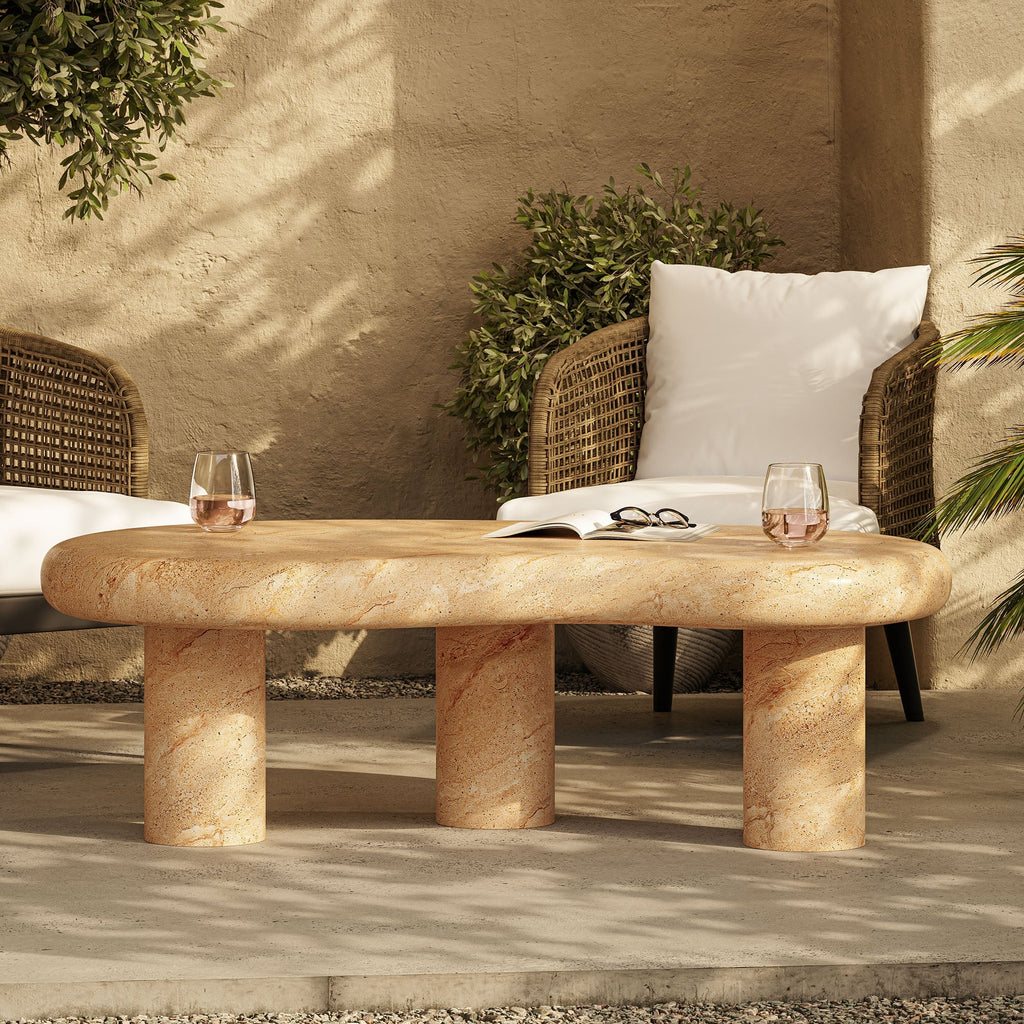 Elowen Indoor - Outdoor Textured Faux Travertine Coffee Table