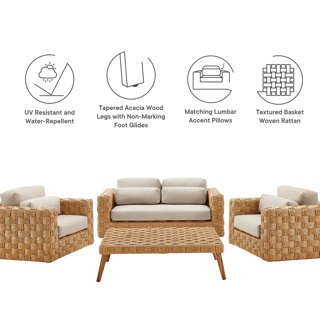 Thames 4-Piece Outdoor Patio Wicker Outdoor Patio Rattan Furniture Set in Natural Light Gray