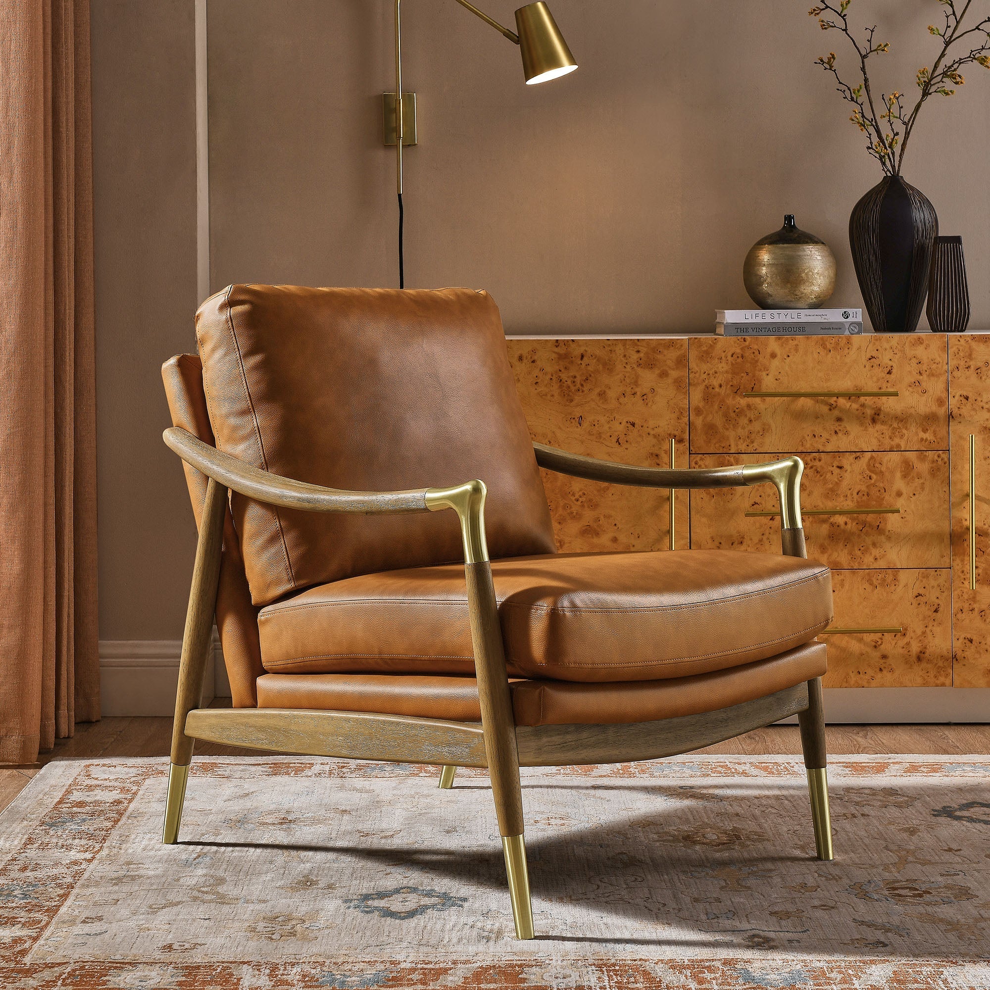 Langford Vegan Leather Accent Armchair in Tan Walnut