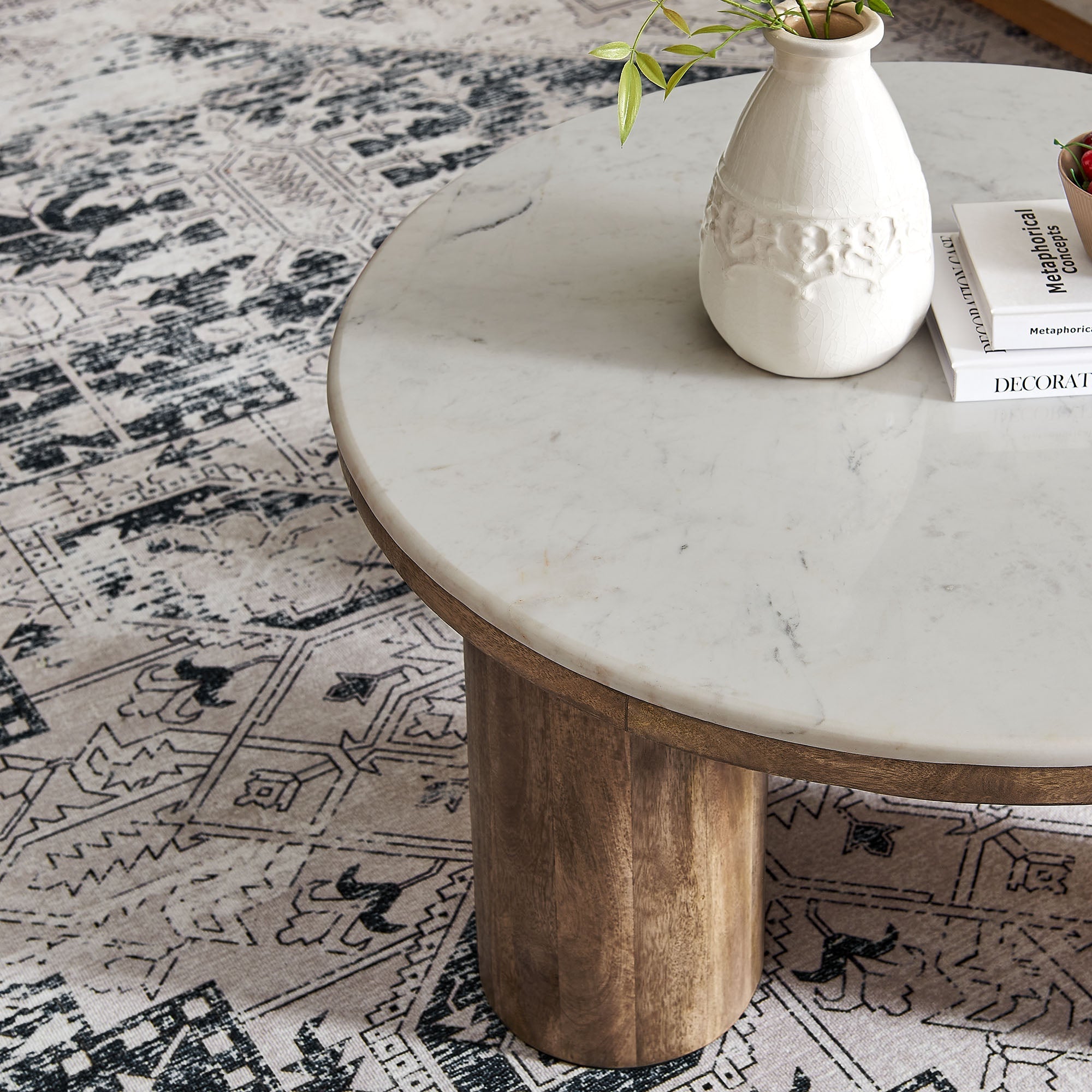 Ellison 33" Round Wood Coffee Table With Marble Top in Walnut