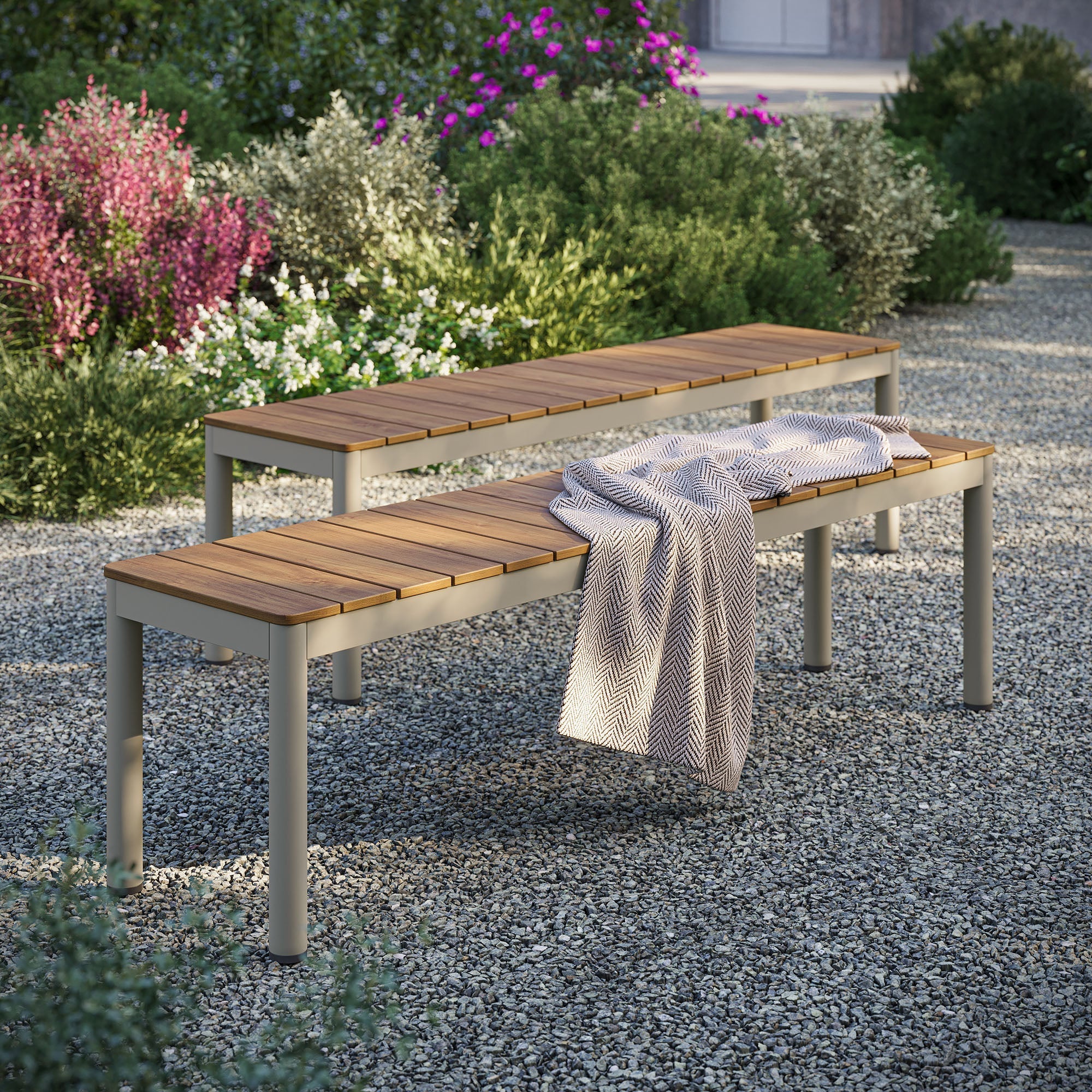 Finn Outdoor Patio Aluminum Bench with Faux Wood Top Set of 2 in Natural