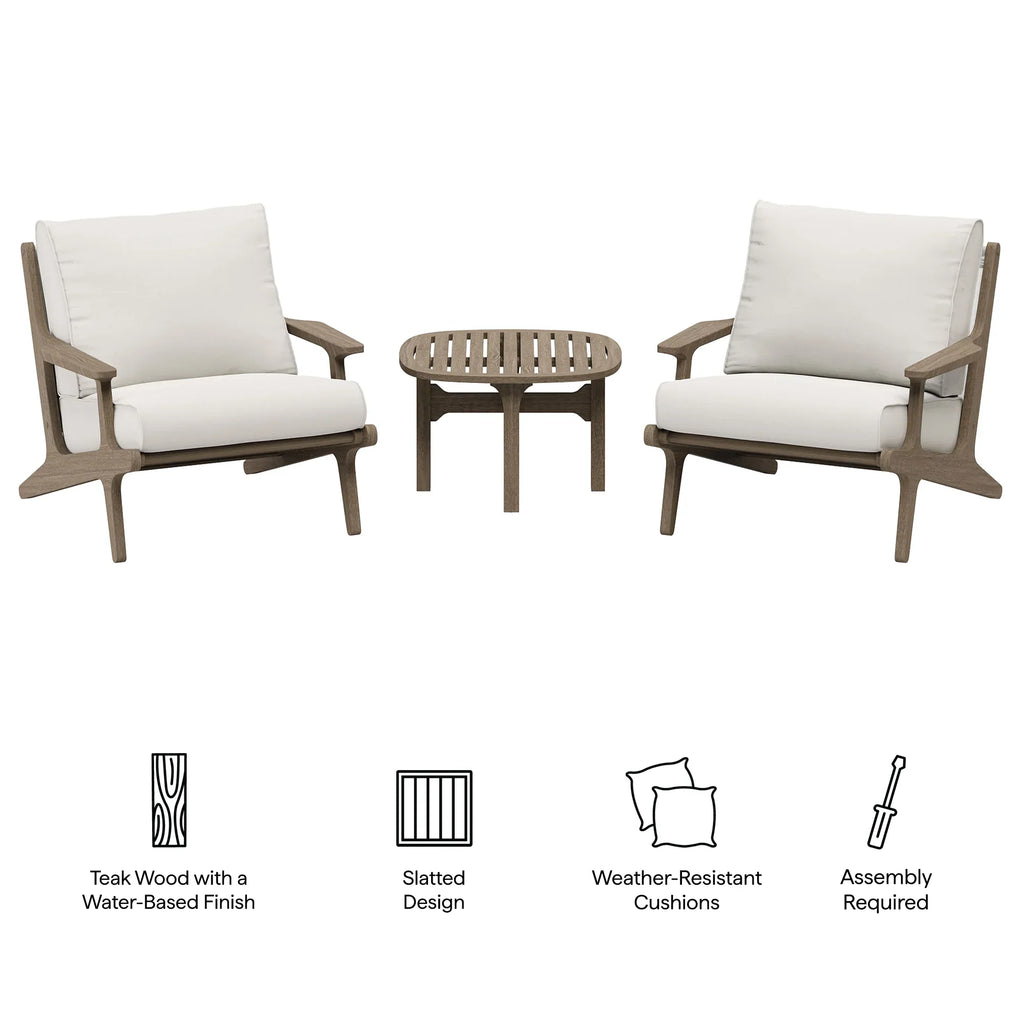 Saratoga 3-Piece Outdoor Teak Wood Furniture Set with Lounge Chairs and Side Table
