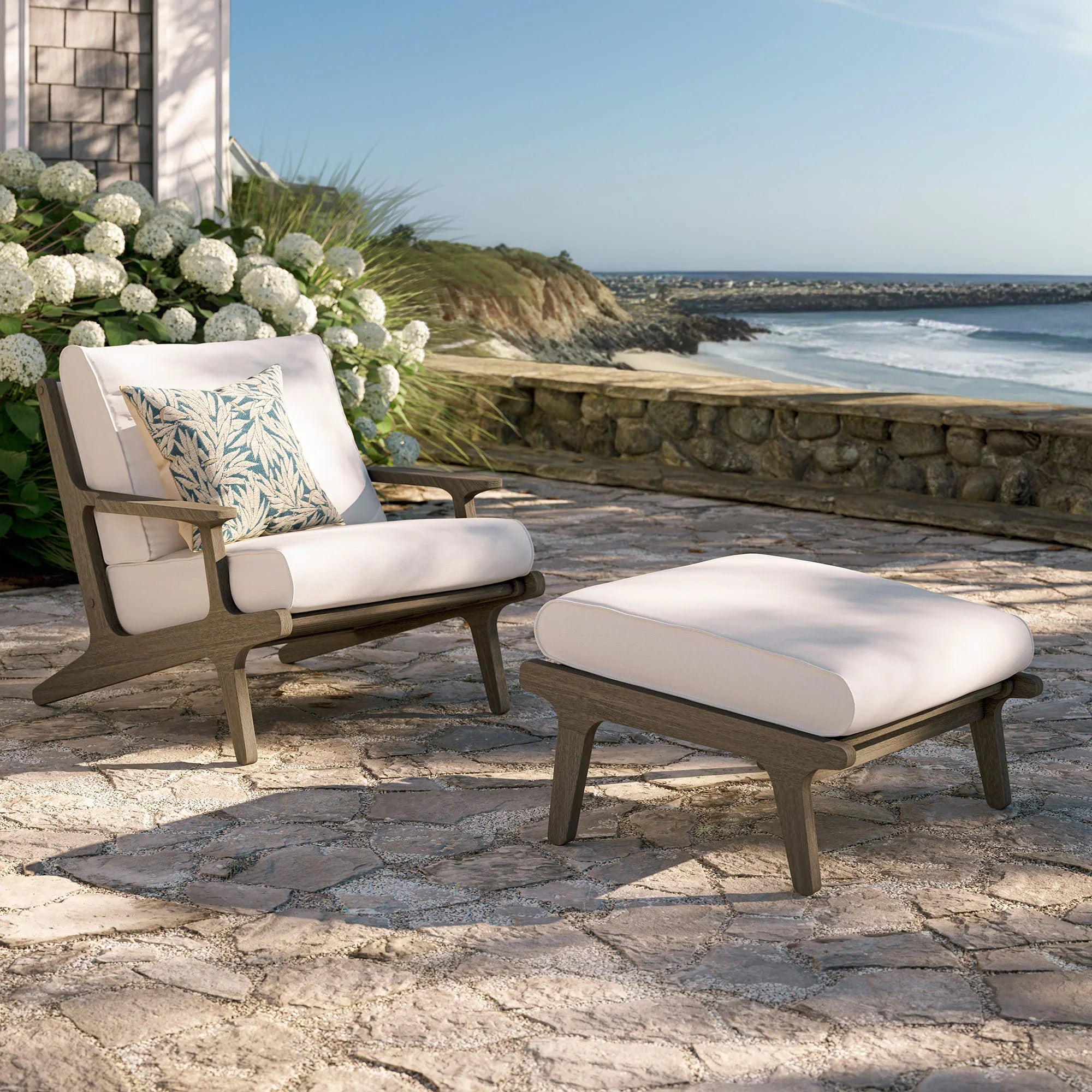 Saratoga Outdoor Patio Teak Wood Chair and Ottoman Set in Weathered