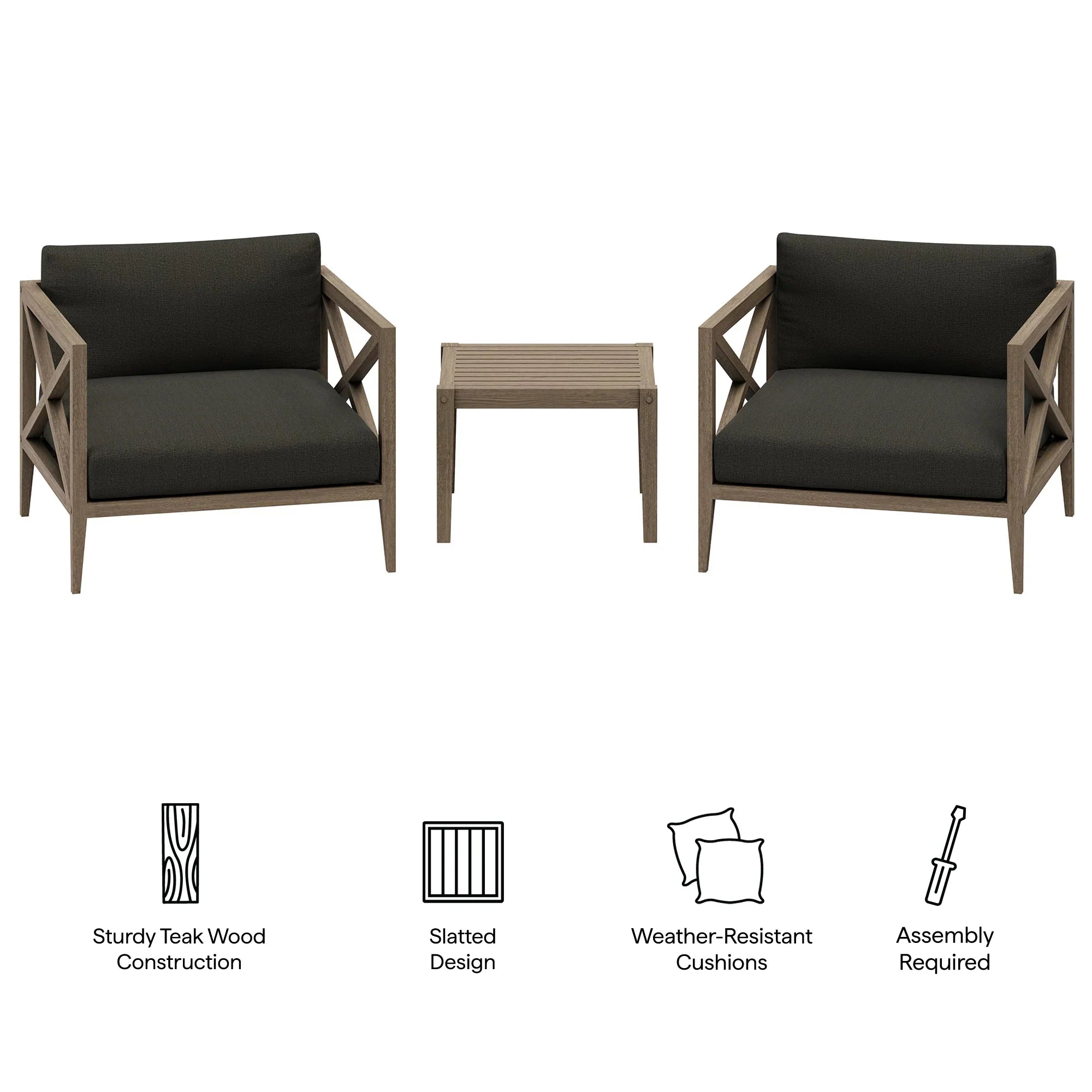 Northlake 3-Piece Outdoor Teak Wood Furniture Set with Armchair and Side Table