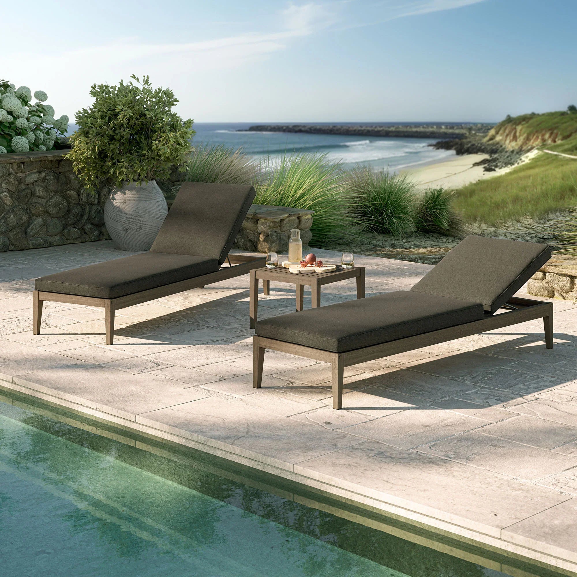 Northlake 3-Piece Outdoor Teak Wood Furniture Set with Chaise Lounges and Side Table