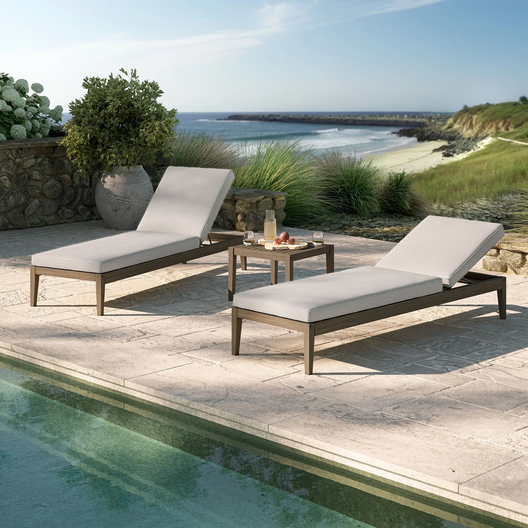 Northlake 3-Piece Outdoor Teak Wood Furniture Set with Chaise Lounges and Side Table