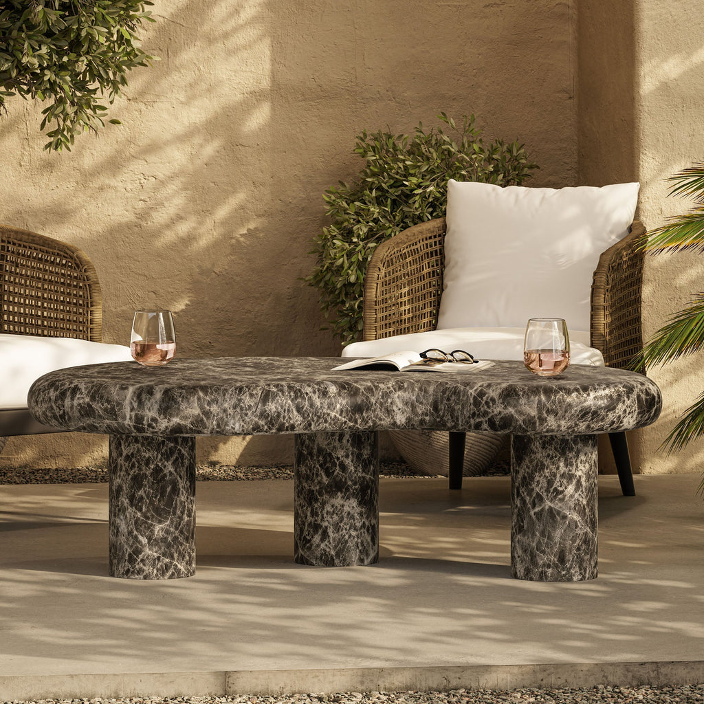 Elowen Indoor - Outdoor Textured Faux Travertine Coffee Table