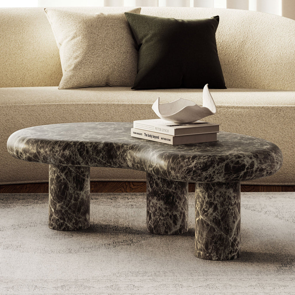 Elowen Indoor - Outdoor Textured Faux Travertine Coffee Table