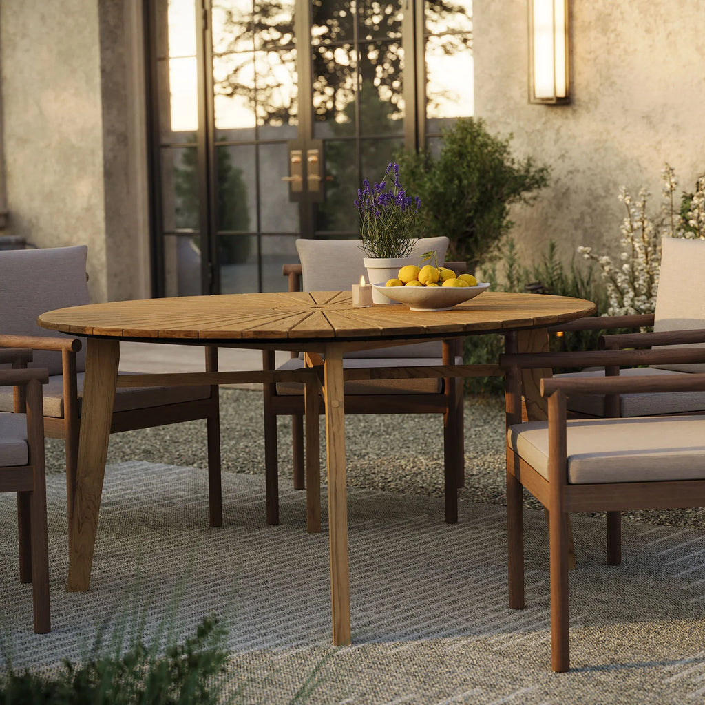 Cielo 59" Sunburst Outdoor Teak Dining Table in Natural