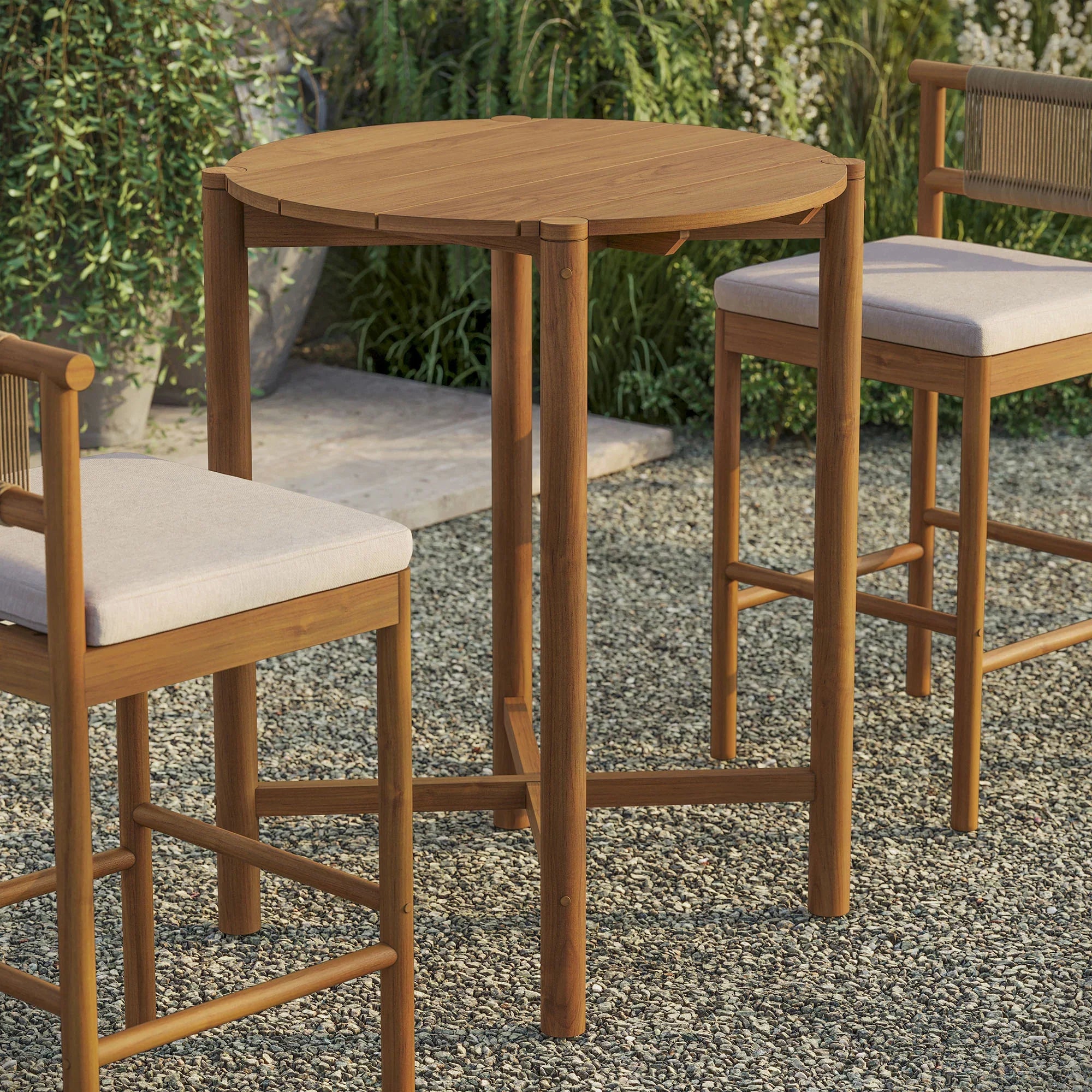 Eleni Round 35 Inch Outdoor Teak Wood Round Bar Table