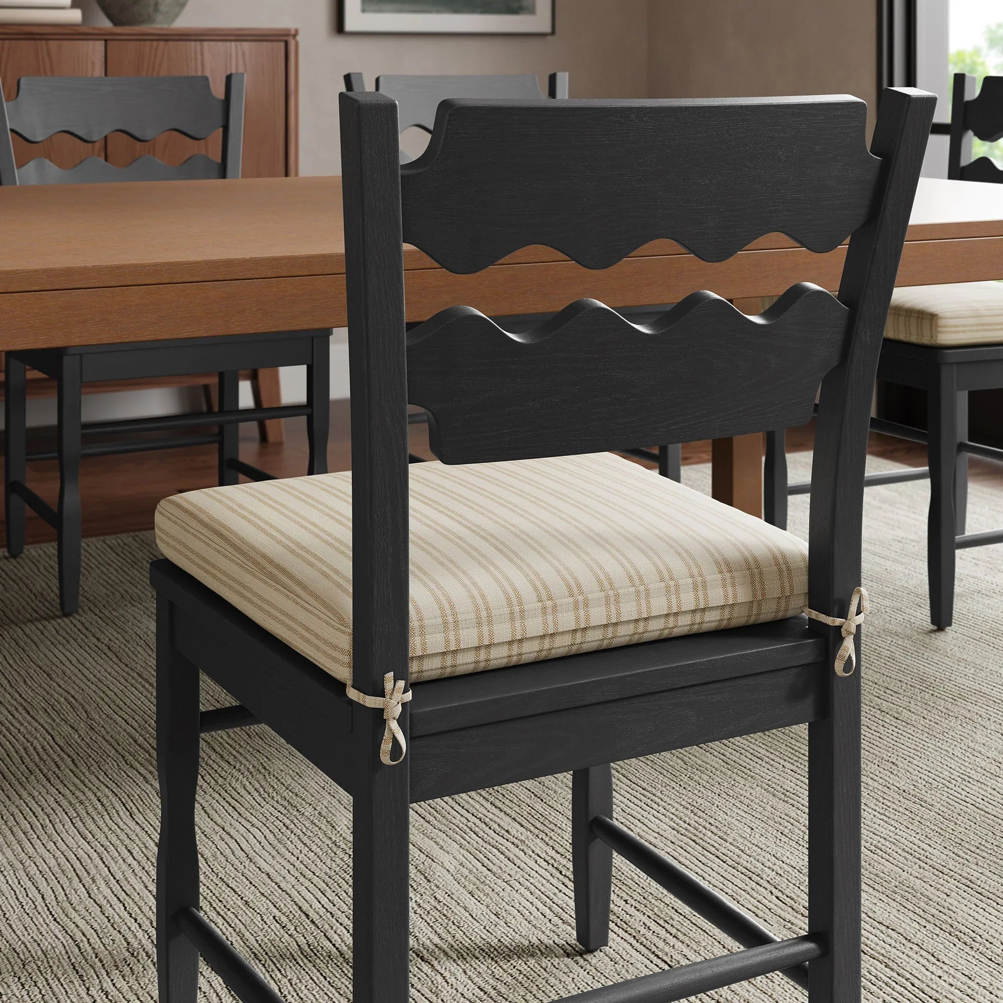 Jax Oak Wood Dining Chair With Wavy Razor Back and Cushion Set of 2