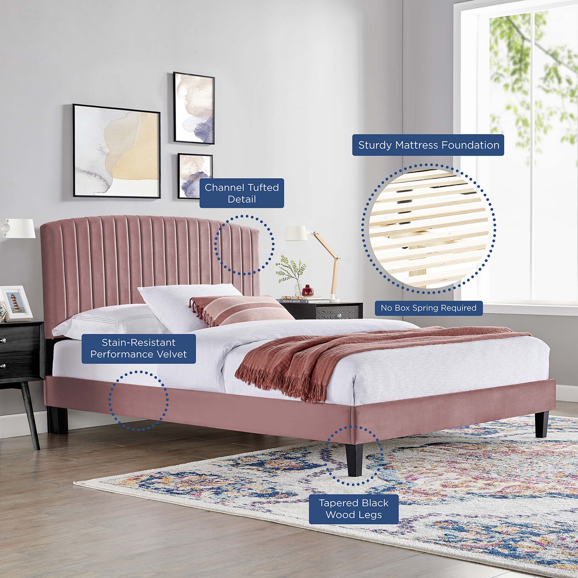 Alessi Performance Velvet Platform Bed With Black Wood Legs