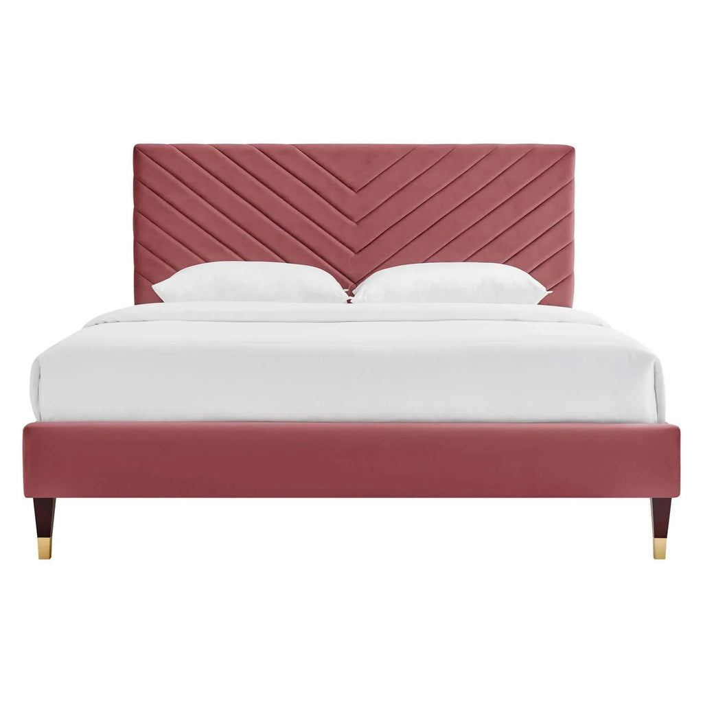 Roxanne Performance Velvet Platform Bed With Wood and Gold Legs