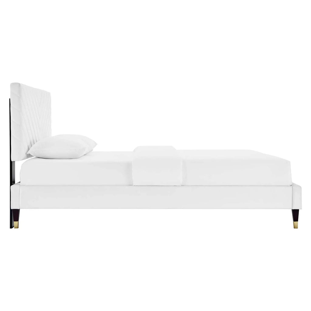 Roxanne Performance Velvet Platform Bed With Wood and Gold Legs